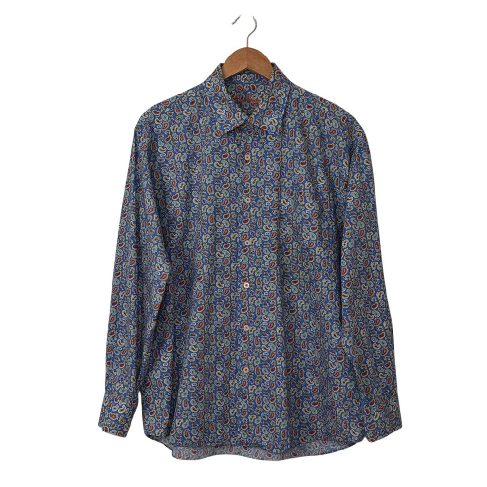 Alan Flusser Mens Shirt L Blue Paisley Casual Button Down Long Sleeve Retro